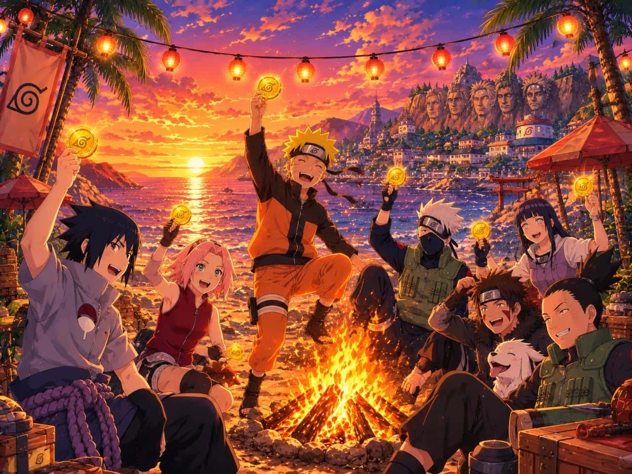 Team 7 and friends celebrating around a beach campfire, holding up glowing $CHAKRA coins